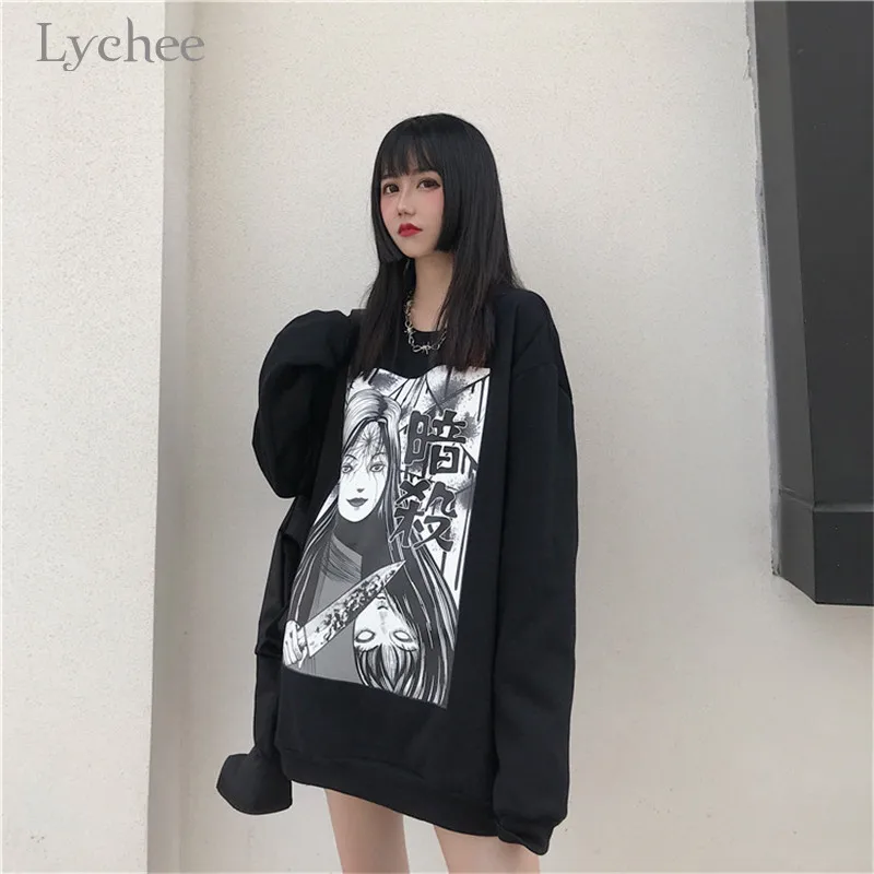 Lychee Harajuku Свободные женские флисовые пуловеры с вырезом лодочкой и темным ножом для девушек Женские флисовые толстовки весенне-осенние женские флисовые Топы