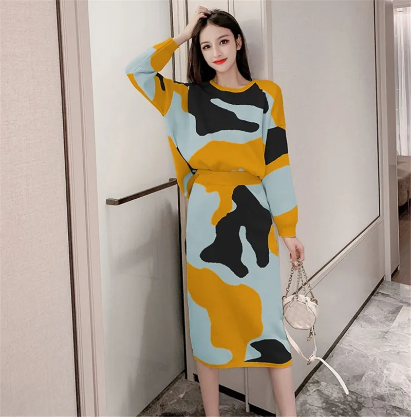 2019 leopard knitted skirt suit women sweater pullovers 2 piece set elastic waist knit spring autumn |