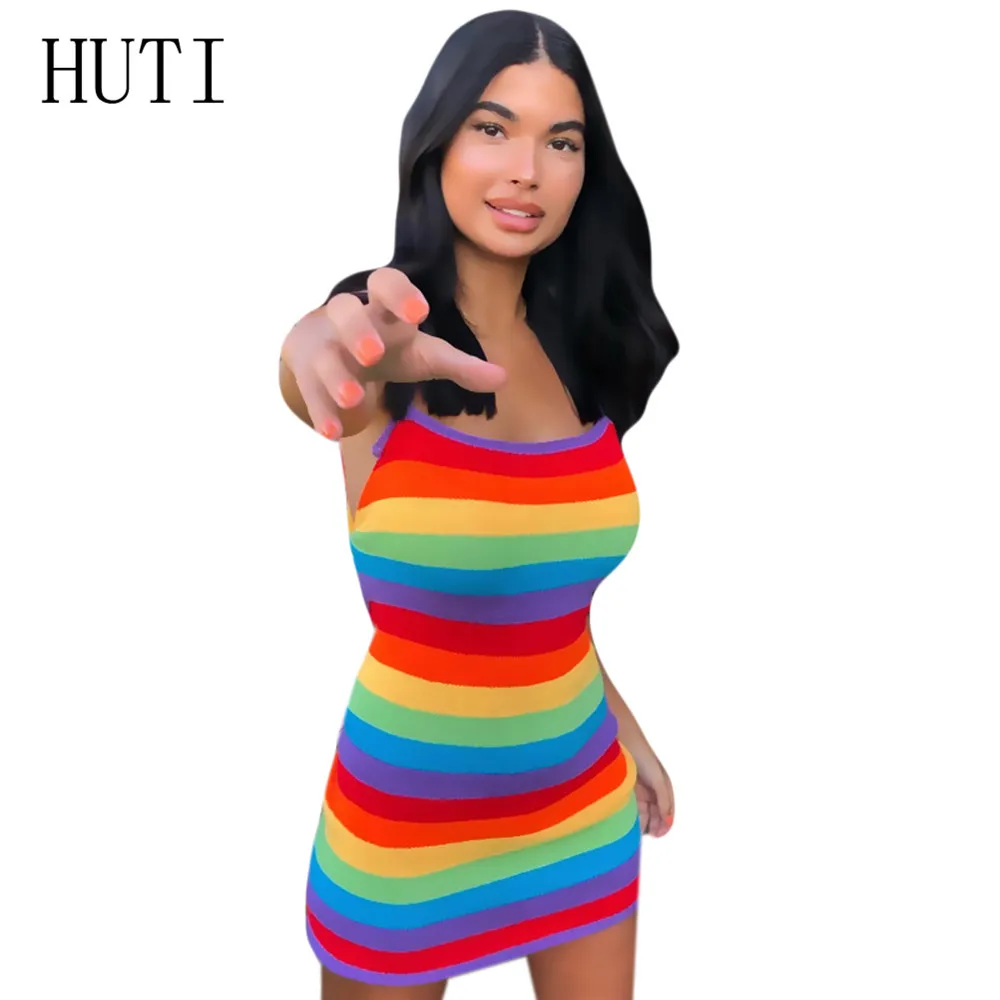 

HUTI Colorful Bainbow Striped Print Mini Dress Sexy Sleeveless Spaghetti Strap Short Dress Elegant Women Summer Vintage Dresses