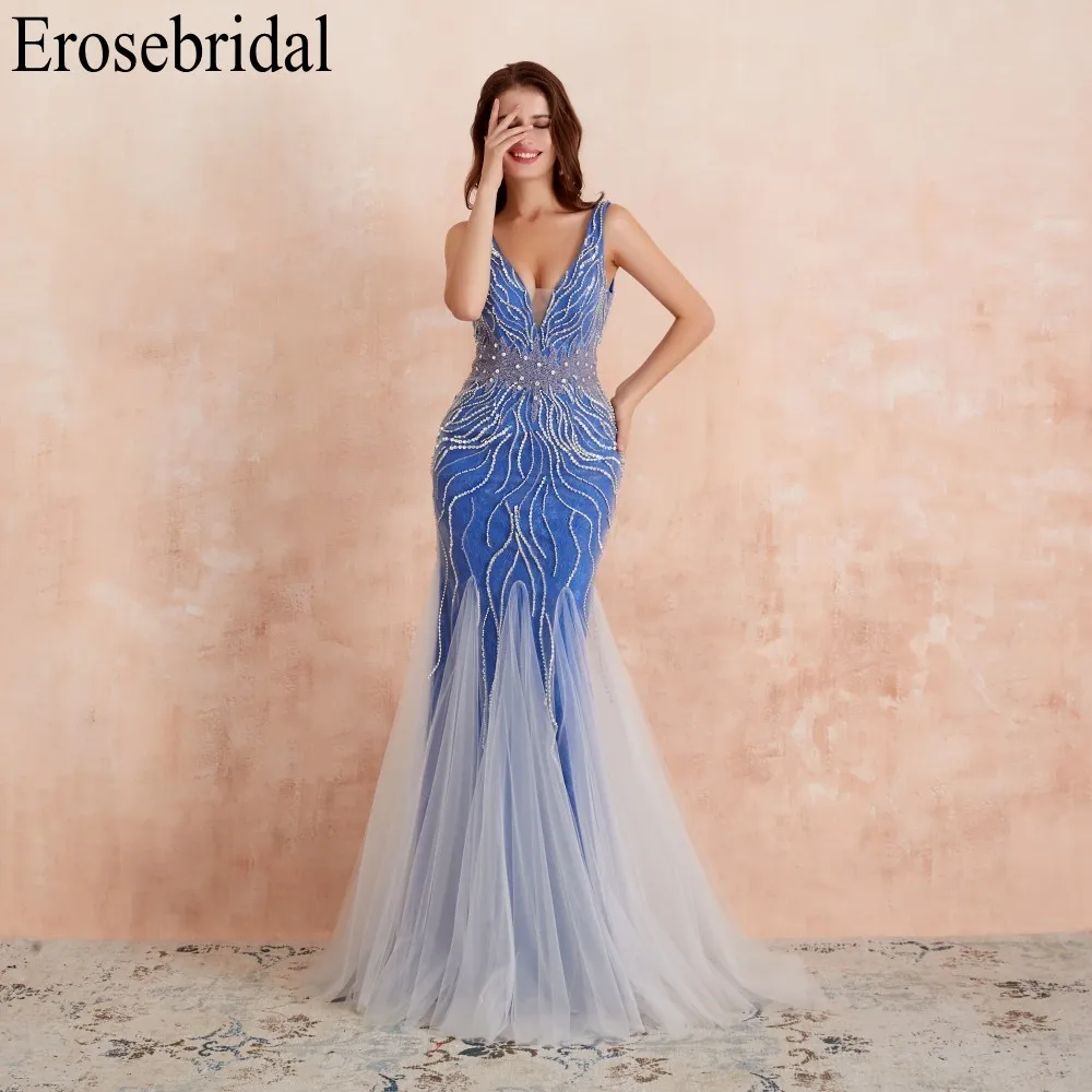 

Erosebridal Contrast Color Design 2019 Evening Dress Long Sexy V Neck with Beaded Long Formal Dresses Evening Gown Party