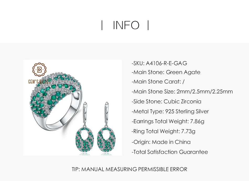GEM'S BALLE 925 пробы Серебряный Драгоценный Камень винтажный комплект ювелирных изделий натуральный зеленый агат кольцо Комплект сережек для женщин Свадебные украшения
