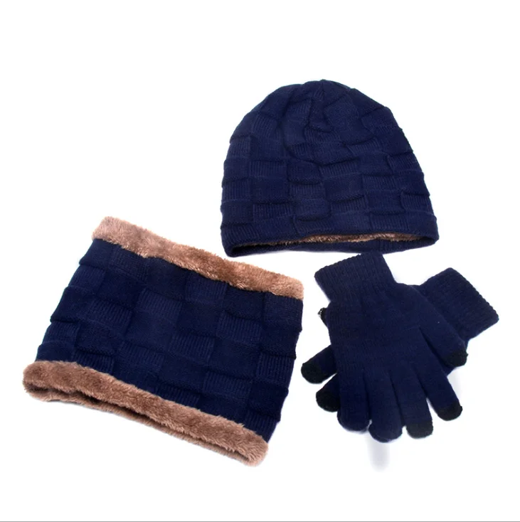 Three-piece navy HEFLASHOR Зимняя Шапка-бини для мужчин и женщин, шапка, шарф, теплый шарф и шапка, перчатки, набор для мужчин и женщин, шапка, шарф, набор из 3 предметов, Skullies Beanies - Цвет: Three-piece navy