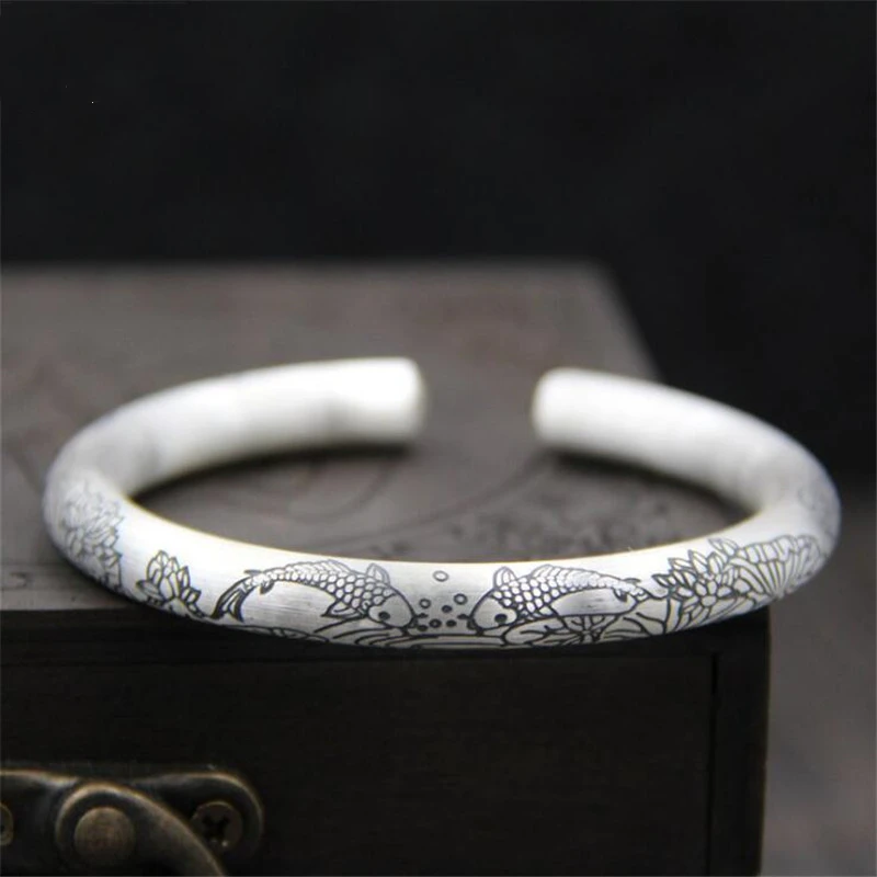 925 Sterling Silver Drawn Lotus Leaf Bracelet Lady Taiyin Trendy Carp Lotus Open Foot Silver Bracelet Weights 25 G