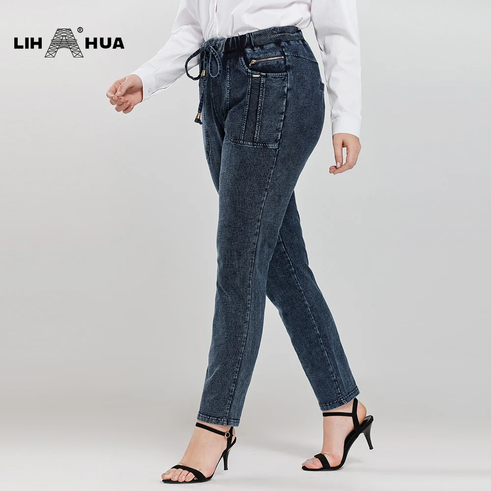 LIH HUA Women's Plus Size Jeans Autumn High Stretch Cotton Knitted Denim Trousers Casual Soft Jeans