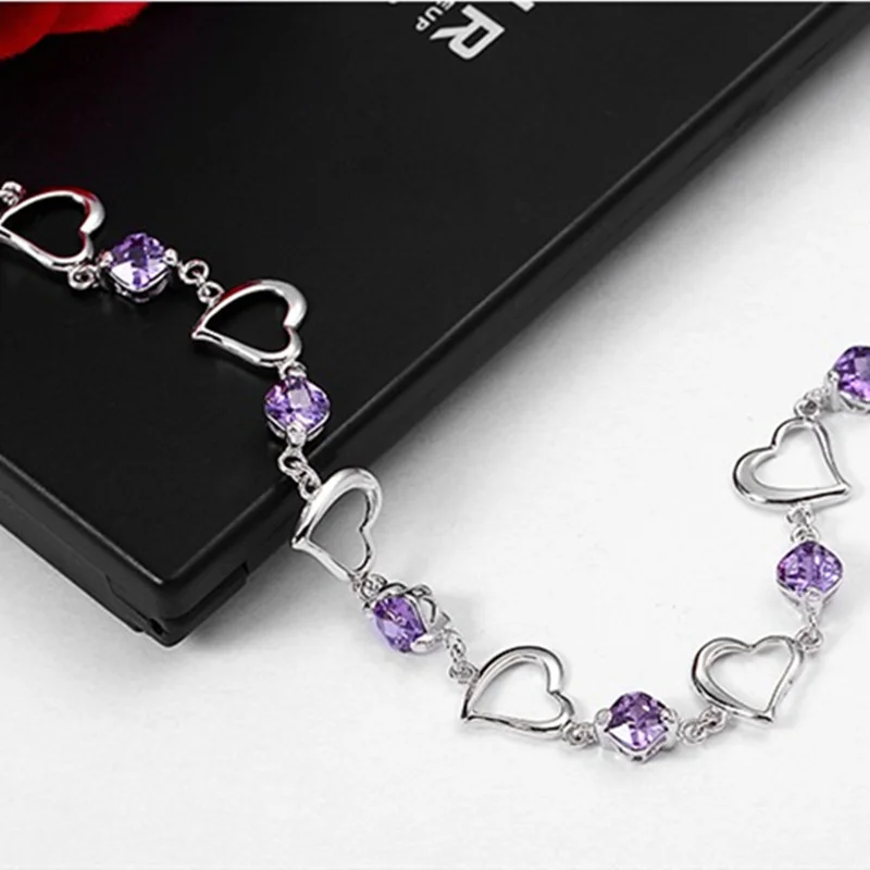 925 Sterling Silver Bracelet Heart Purple Crystal Zircon Bracelet For Woman Party Engagement Jewelry Gift - Image 4