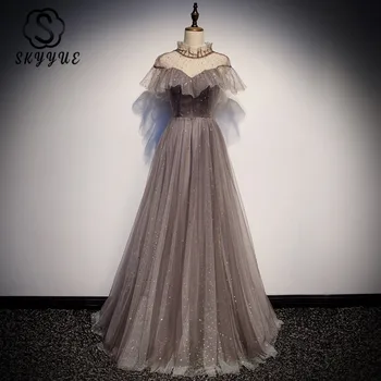 

Skyyue Evening Dresses Sequins A Line Party Gowns K256 Crepe High Collar Formal Vestido Short Sleeve Women Elegant Prom Dresses