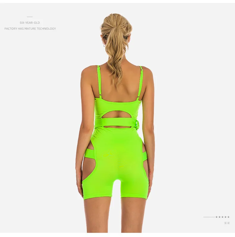 Короткий комбинезон, желтый, неоновый, спортивный, сексуальный, Ropa Neon Mujer, женские, неоновые комбинезоны, с полой пряжкой, неоновая одежда, Mono Mujer Corto