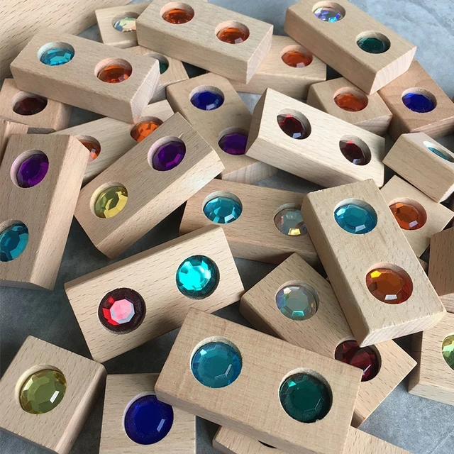 128pcs Wooden Gem Blocks Rainbow Stacking Toys Natural Wood Blocks Kids Creative Game Blocks Educational Toys for Children 3
