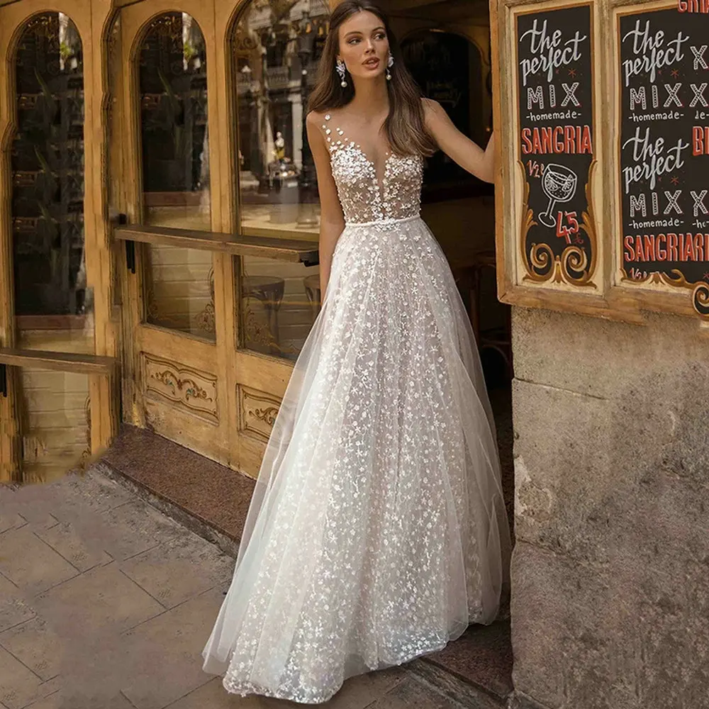 Boho A-Line Wedding Dress V Neck Lace Appliques Bride Dress 2021New Bohomian Wedding Gowns Beach A Line vestido de noiva Backles lace wedding dress