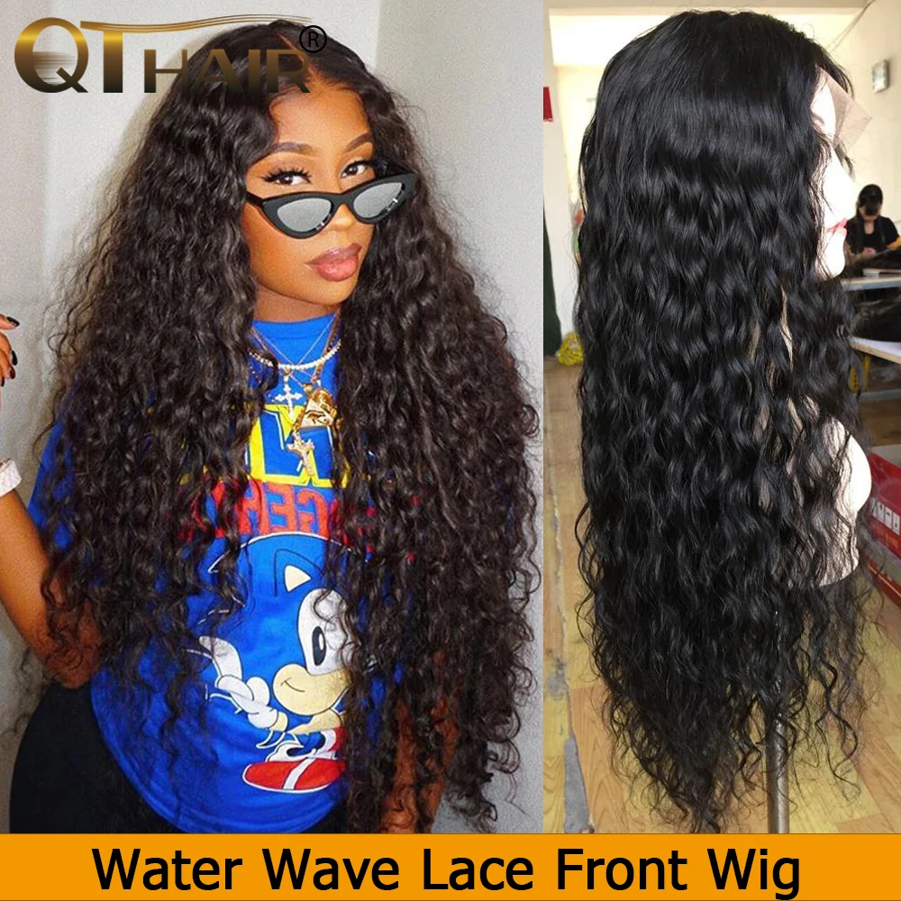 150 плотность воды волна парик человеческие волосы кружева передние парики черные женские предварительно сорванные с детскими волосами QT Remy перуанские кружевные передние парики