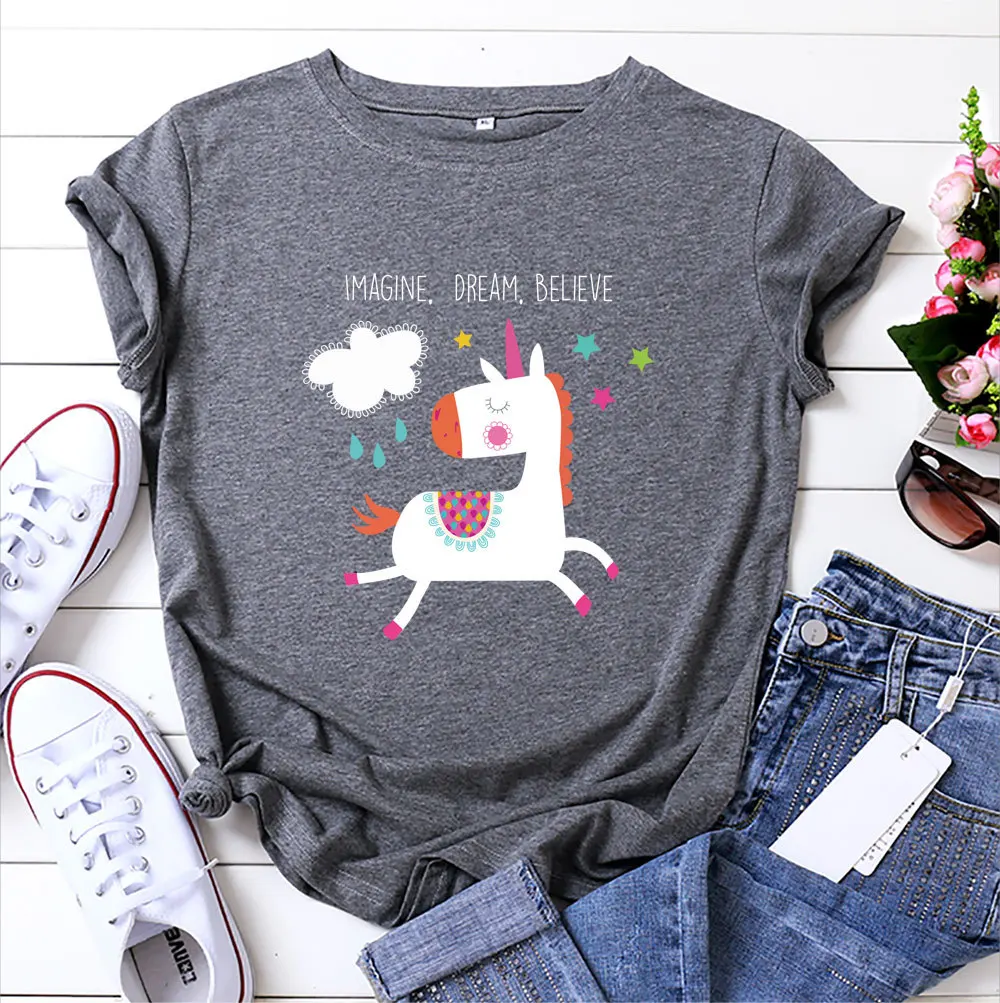 

100% Cotton Summer Cartoon Cute Unicorn Dream New Women's T-shirt O-Neck Harajuku Top Casual Female T shirt Oversized S-5XL