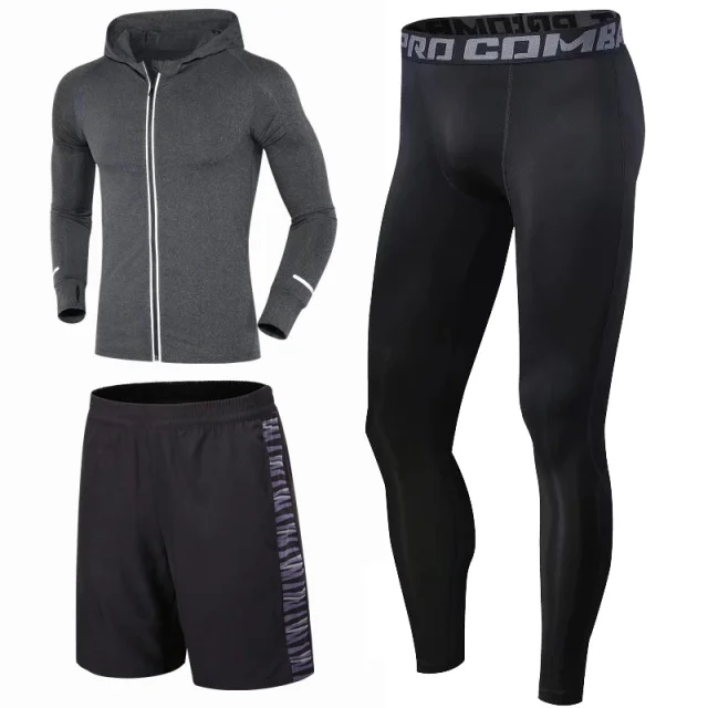 3PCS grey set4 3 шт., мужские компрессионные костюмы для бега, бодибилдинга, бега, леггинсы для фитнеса, бегунов, тренажерного зала, одежда для баскетбола, футбола, шорты, рубашки - Цвет: 3PCS grey set4