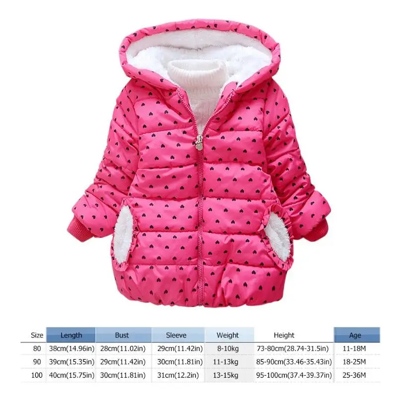 Хлопковый пуховик для маленьких детей; Теплая Повседневная одежда с капюшоном и длинными рукавами для малышей; флисовая зимняя плотная школьная одежда с принтом сердца