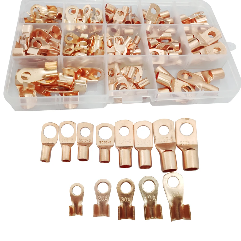 

Hot New 130Pcs/Box Copper Cable Lugs Heavy Duty Wire Lugs Terminal Connectors Assortment Kit