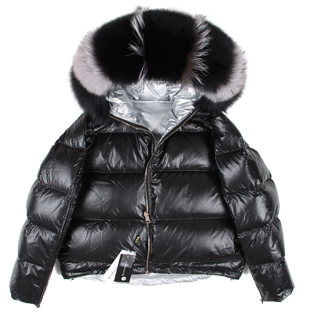 

Maomaokong Natural Fox Fur Collar Loose Short Down Coat Sliver White Duck Winter Jacke Park