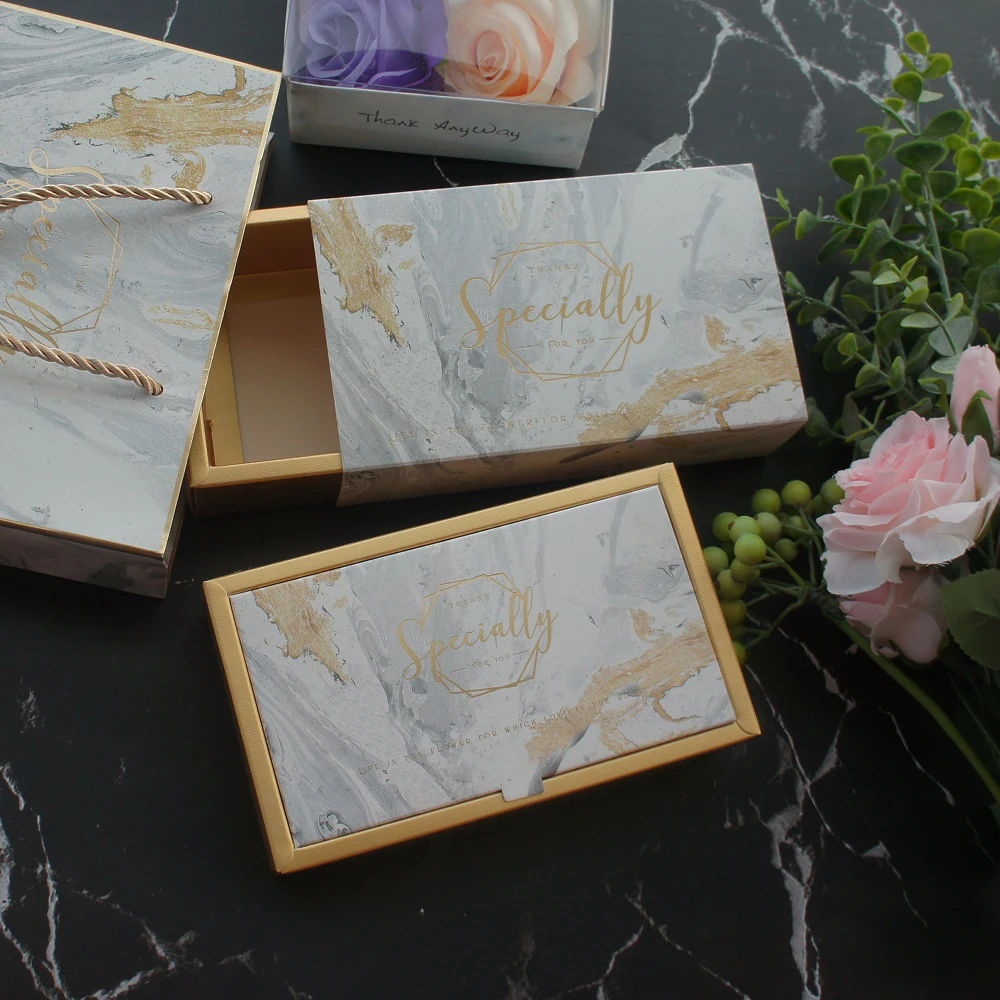 

18.5*11*4.7cm 3set Gold White Marble Especially Design Paper Box + Bag As Birthday Wedding Party Gift Packaging Use
