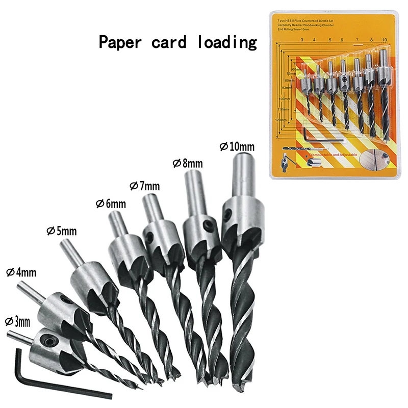 

7pcs/set High Quality HSS 5 Flute Countersink Drill Bit Set 4241 Screw Woodworking Chamfer Tool 3-10mm