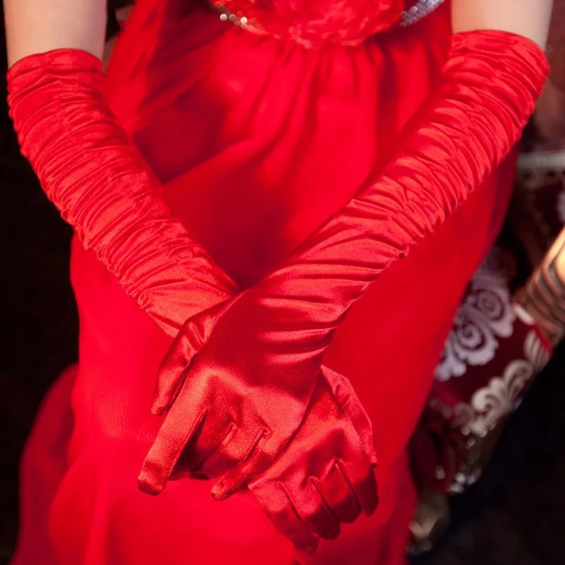 JIERUIZE, Длинные атласные свадебные перчатки, черные, красные, полный палец, свадебные перчатки для женщин, для вечеринки - Цвет: Красный