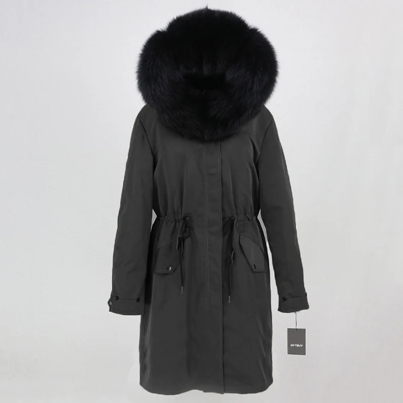 OFTBUY, зимняя женская куртка, пальто с натуральным мехом, длинная водонепроницаемая ткань, Воротник из натурального Лисьего меха, верхняя одежда, Толстая теплая уличная одежда, новинка - Цвет: full black
