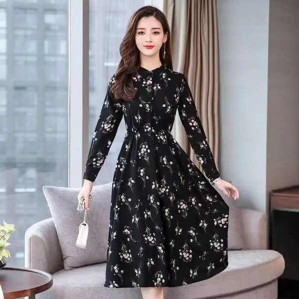 

Black Vintage Floral Chiffon Midi Dress Plus Size Boho Dresses 2019 Autumn Winter Elegant Women Party Long Sleeve Dress 306H47