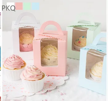 

Pink Kraft Paper Gift Box 10pcs Blue Muffin Cupcake Macaron Cookies Candy Box with pvc window Wedding Party Decoration Supplies