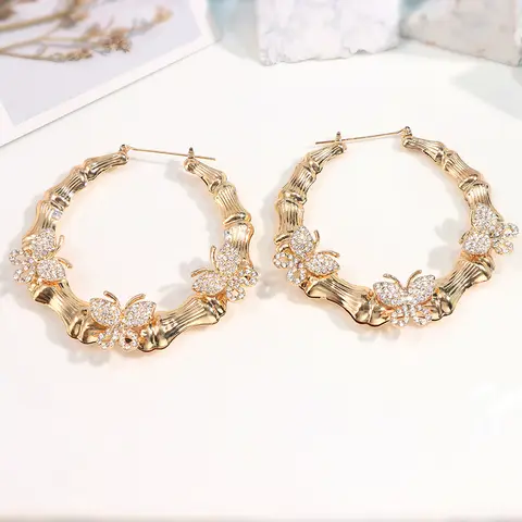 Shiny Crystal Butterfly Charms Bamboo Hoop Earring for Women Girls Personality Bamboo Style Design Dangel Earring Jewellery