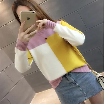 

Pullover Sweater For Women Loose Long-sleeve Knitted Clothes Round Neck Three-color Stitching Female Sweater Casual