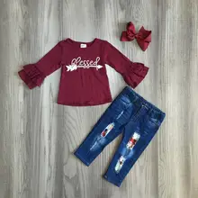children Girls Fall clothes girls fall/autumn outfits arrow top with jeans pants children kids boutique clothing with bow