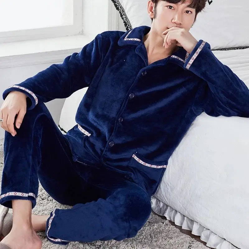 men pajama winter Мужской пижамный комплект осень зима теплая фланелевая утолщенная Коралловая флисовая пижама с длинным рукавом Повседневная одежда для сна Топ и штаны для отдыха - Цвет: men pajama winter