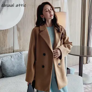 

Women's Wool-blend Coat Turn-down Collar Double Breasted 2019 Big Pocket Korean Loose Elegant Overcoat Wool Blends Jacket