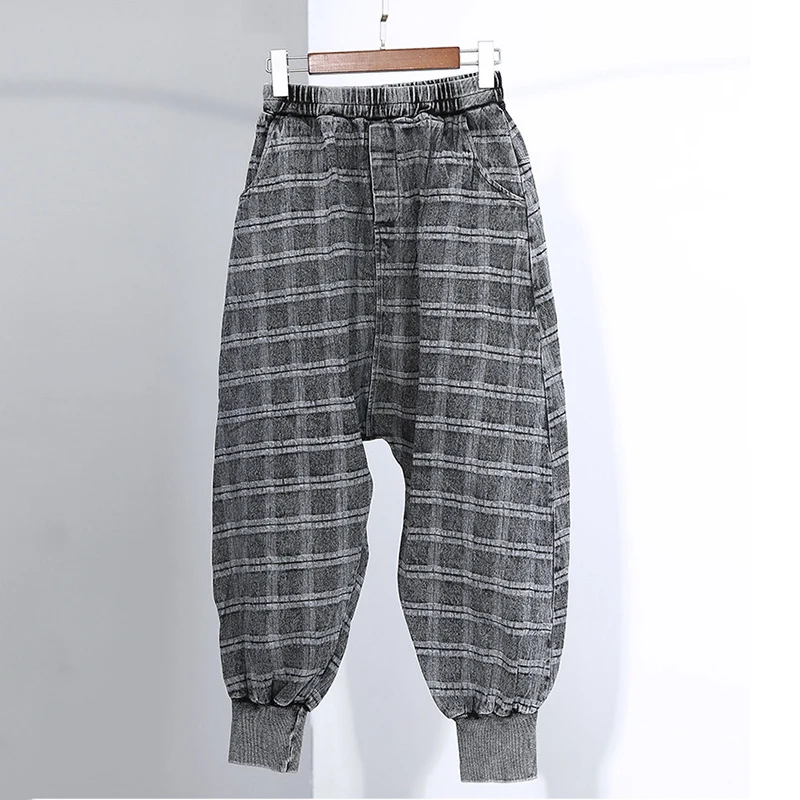 [EAM] High Elastic Waist Black Denim Plaid Harem Trousers New Loose Fit Pants Women Fashion Tide Spring Autumn 2020 1DA090
