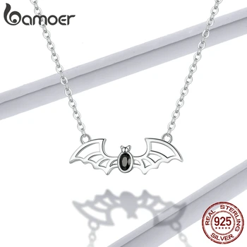 

bamoer GAN163 Delicate Hollow Bat Pendant Necklace With Black Zircon for Women 925 Sterling Silver Chain Link Fine Jewelry Gift