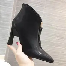 Брендовые ботинки из натуральной кожи женские ботильоны на высоком каблуке Женская обувь с острым носком на молнии спереди Женская Осенняя обувь