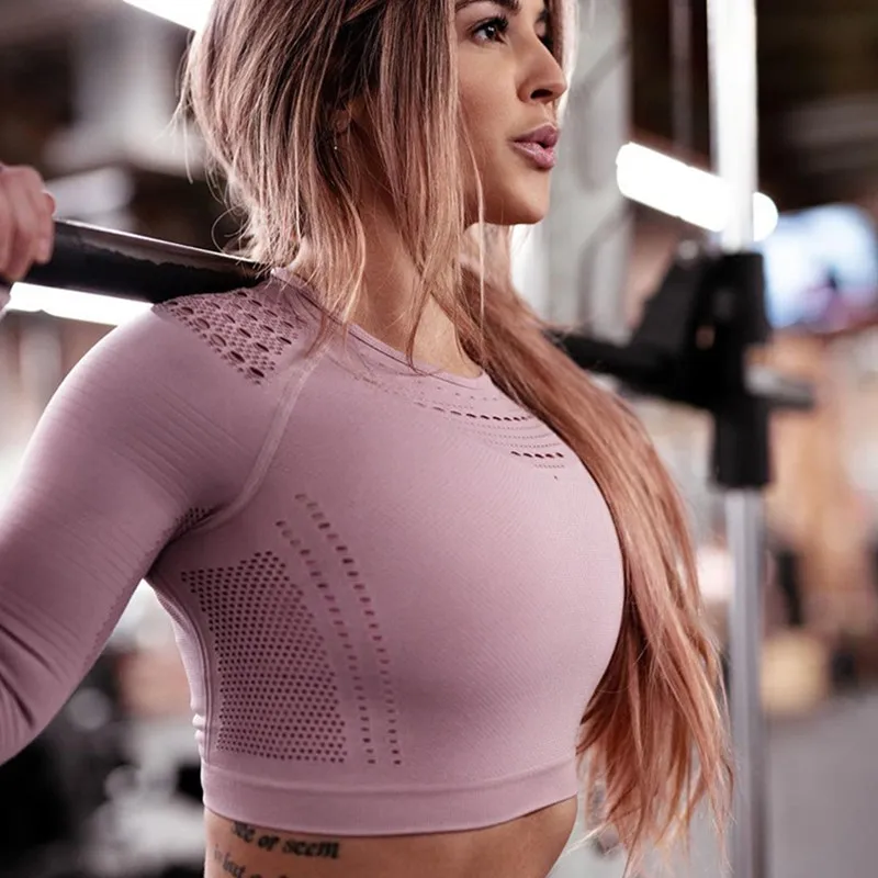 Женские укороченные топы с длинным рукавом бесшовная рубашка для спортзала йоги