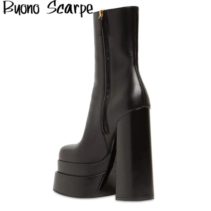 Black Leather Chunky High Heels Platform Boots Square Toe