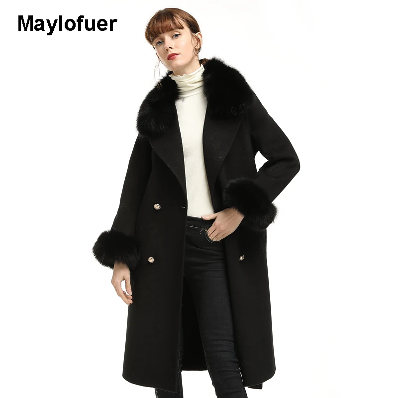 Maylofuer пальто с натуральным мехом, зимняя женская куртка, воротник из натурального Лисьего меха, кашемировая шерсть, длинная верхняя одежда, женская уличная одежда