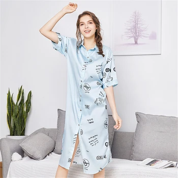 

Sexy nightdress ladies bathrobe summer rayon shirt casual long style home wear light blue minimalist style Nightwear