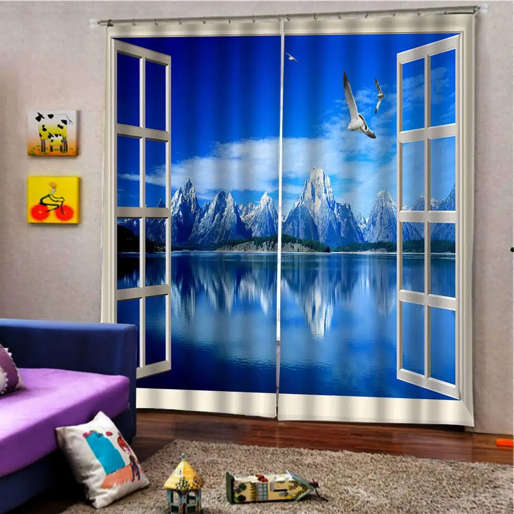 Blue curtains snow mountain lake curtain 3D Curtain Luxury Blackout Window Curtain Living Room