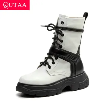 

QUTAA 2020 Hook&Loop Lace UpAnkle Boots Casual Round Toe Autumn Winter Women Shoes Cow Leather Square Heel Short Boots Size34-41