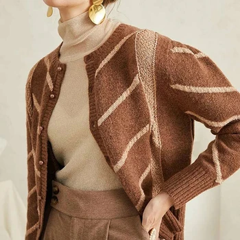 

Autumn 2020 Women Mohair Cardigan Sweater Wool Striped Round Neck Long Sleeve Button Stripe Sweater Cardigan