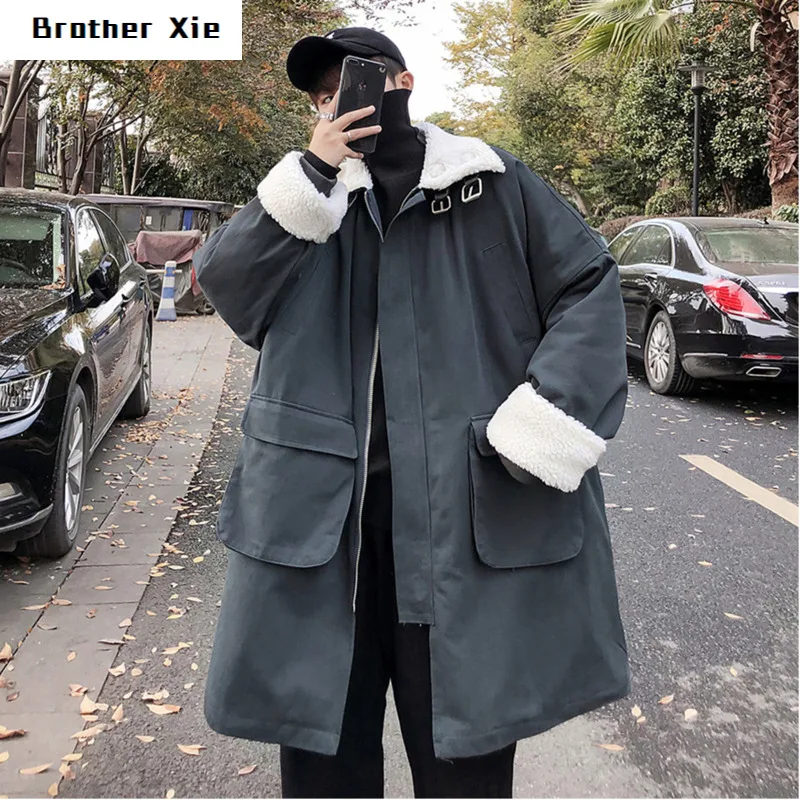 

Winter Lamb Fur Coat Men's Warm Thick Fashion Parka Men Solid Color Casual Lapel Coat Man Wild Loose Long Cotton Jacket Male