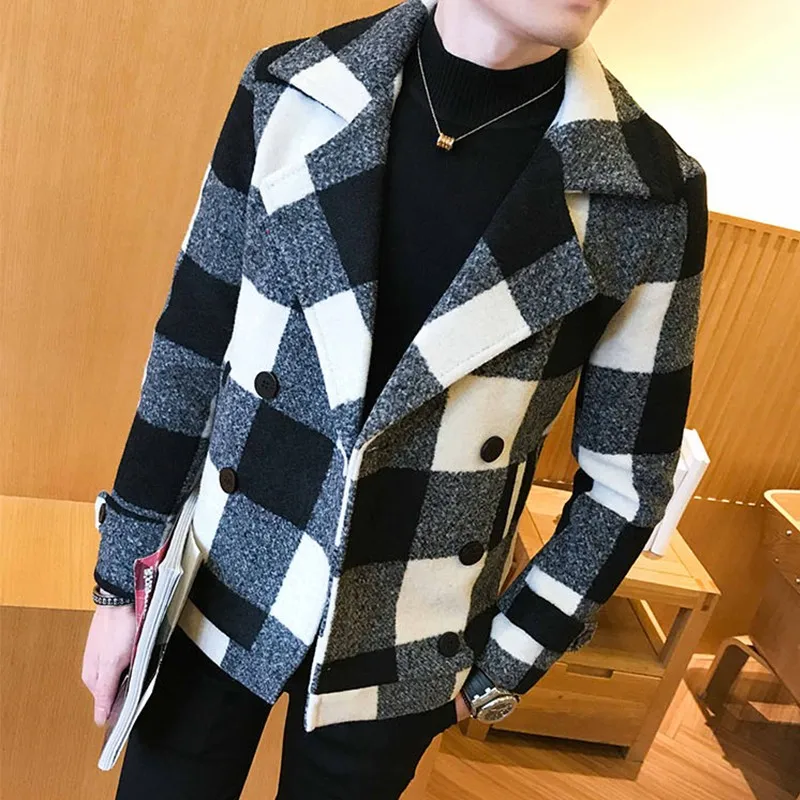Fashion Plaid Double Breasted Mens Woolen Short Coats Korean Autumn New Long Sleeve Lapel Slim Male Outerwear Jackets Plus Size