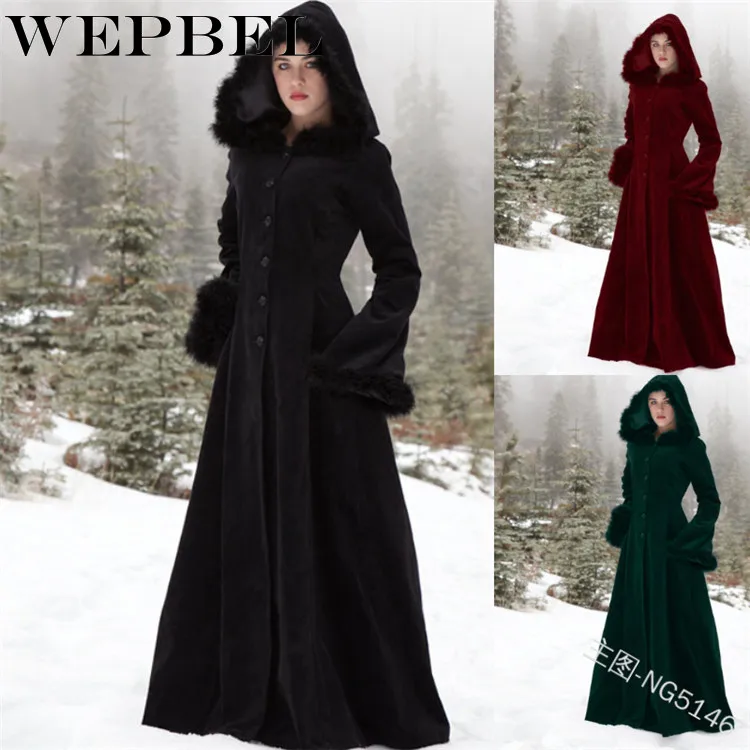 WEPBEL, Женское пальто с капюшоном, Ретро стиль, повседневное, одноцветное, зимнее, меховое, тонкое, новая мода, для девушек, длинное, шерстяное, пальто