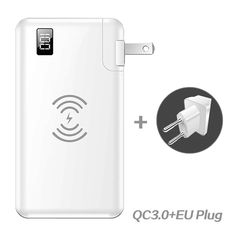 QC3.0 EU Plug White 10000 мАч, Дополнительный внешний аккумулятор, беспроводное зарядное устройство QC3.0, быстрое зарядное устройство для Iphone, планшетов, huawei, 3 в 1, 18650, внешний аккумулятор, Тип C, USB, PD, Chagrer - Цвет: QC3.0 EU Plug White
