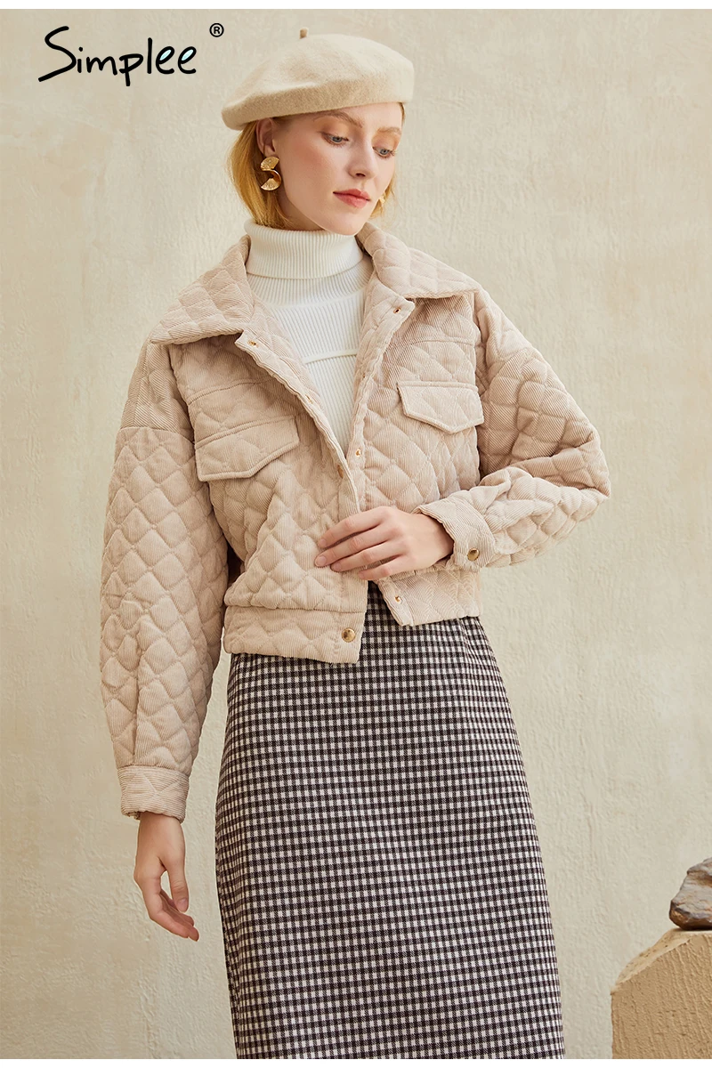Simplee Fashion turndown collar corduroy coats jackets Bat sleeve single-breasted women parkas Casual female short winter coat