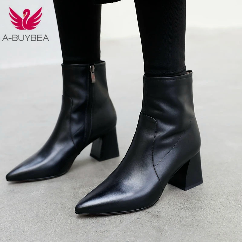 

Real Leather Women Ankle Boots Pointed Toe Autumn Winter Ladies Boots Square Heels Women Chelsea Boots Zip Black Female Footwear