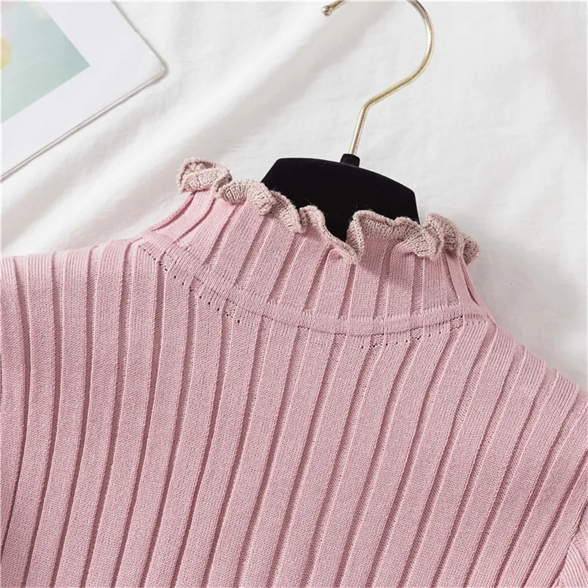 pink thick Зимний теплый толстый бархатный свитер, женские свитера с высоким воротом, вязаный высокоэластичный пуловер с оборками, однотонный джемпер Sueter Mujer - Цвет: pink thick