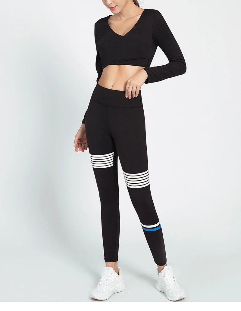 black Спортивная одежда для спортзала, йоги, спортивный костюм, женский комплект одежды из 2 предметов, комплекты одежды с длинным рукавом, пуш-ап топы, леггинсы для фитнеса, укороченные - Цвет: black