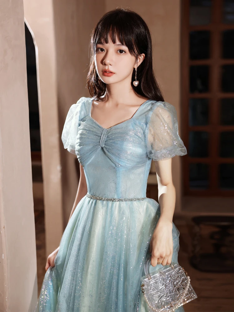 

French Style Retro Formal Evening Dresses Puff Sleeve Sweetheart Collar Blue Slim Princess Gown For Homecoming Graduation Party