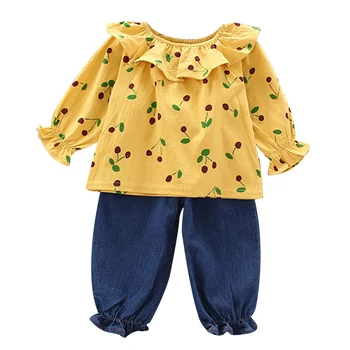

2020 New 2pcs Girl Clothes Set Printed Cherry Long Sleeve Shirt Jeans Pants for Toddlers Kids Children Outfits